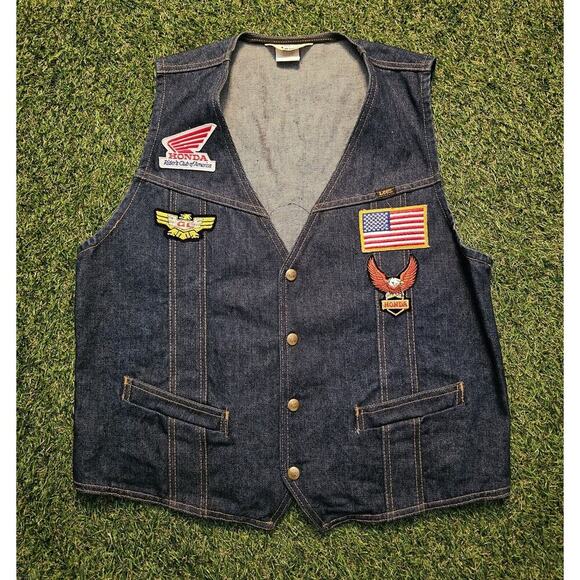 Vintage HONDA Gold Wing Denim Lee Vest Mens Large Riders Club Snap Patch - Picture 1 of 7